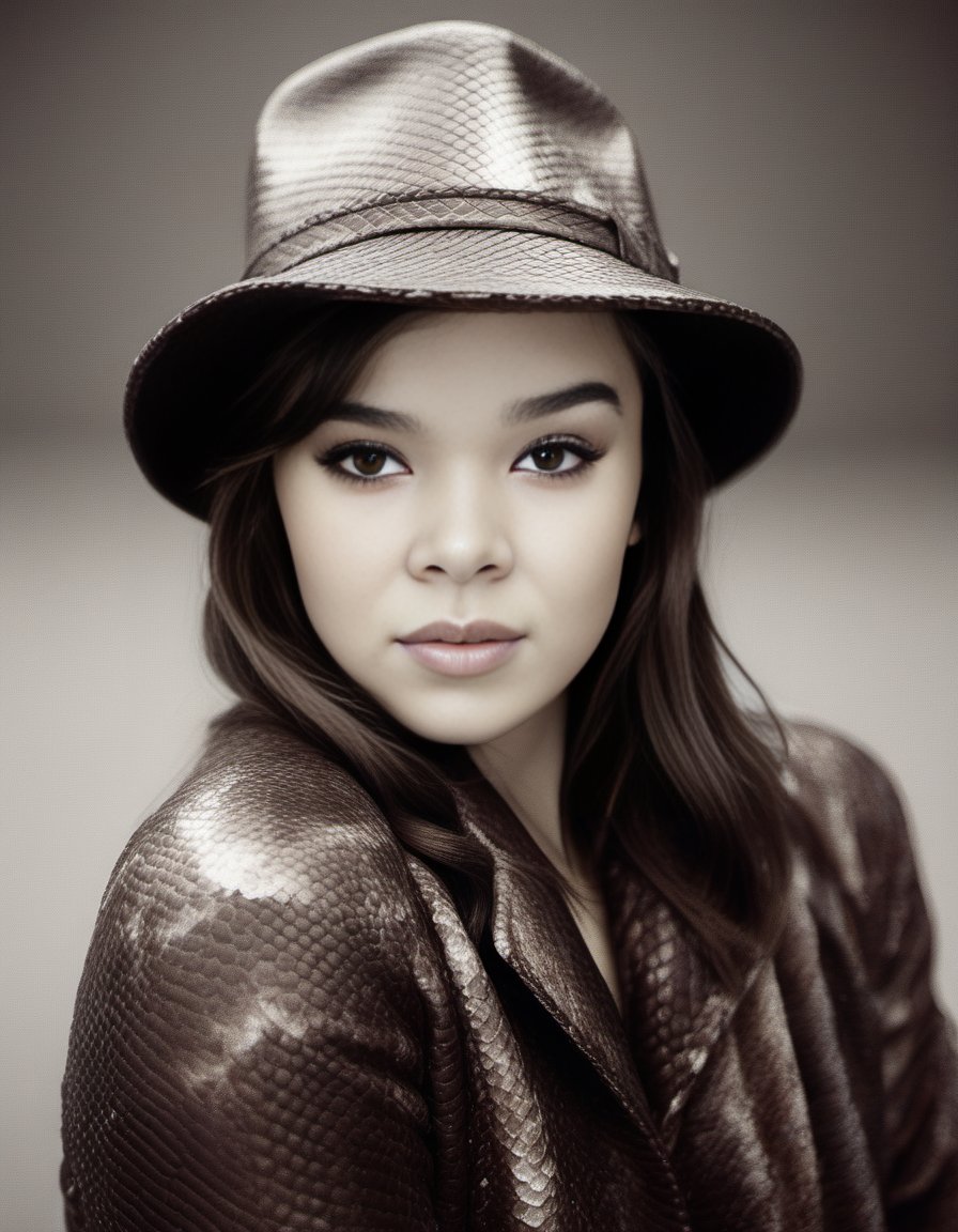 HaileeSteinfeld, photograph, [Old|Gentle] voluptuous Female of Elements, wearing Average Snakeskin Red Trapper hat, Winter, tilt shift, Movie still, Suffering, moody lighting, Ilford HP5, Depth of field 100mm, art by Giorgio de Chirico, <lora:HaileeSteinfeldSDXL:1>