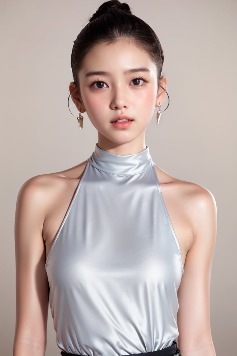  1girl, solo, short hair, simple background, black hair, jewelry, sport addicted ,, earrings, grey background, hair bun, mole, mole under eye, portrait, brown background, red lips, tan background, High-neck clothes,
,Enhance,Sugar babe ,wrenchmicroarch,Young beauty spirit 