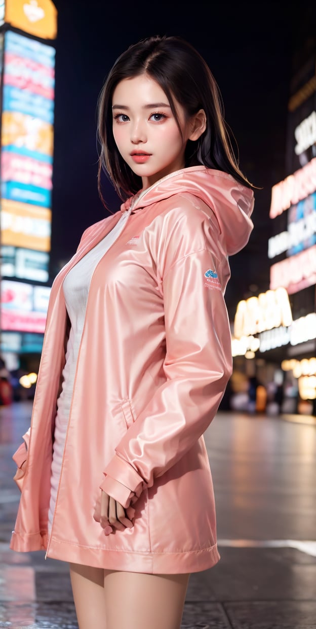 Ultra-high resolution, cinematic lighting,Woman wearing pink raincoat in Times Square,xxmix_girl,more detail XL, blue medium hair, mexican