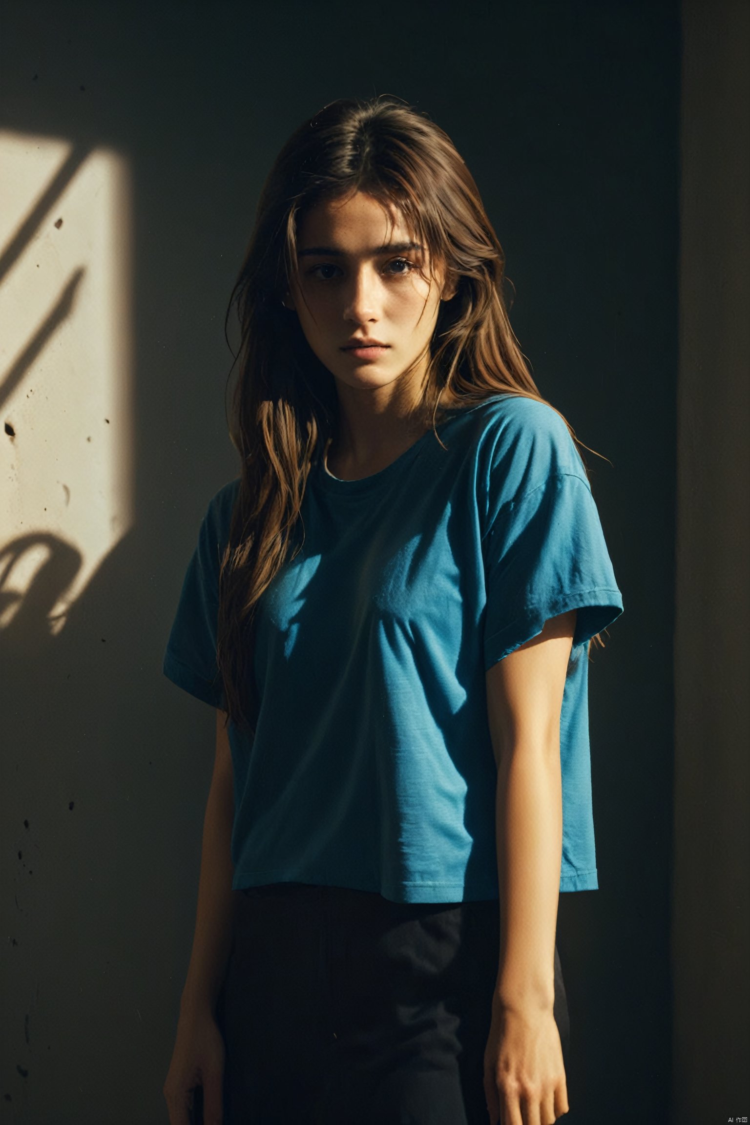  photorealistic, cinematic film still, 1girl, shadow, t-shirt, open shirt, messy long hair, light master