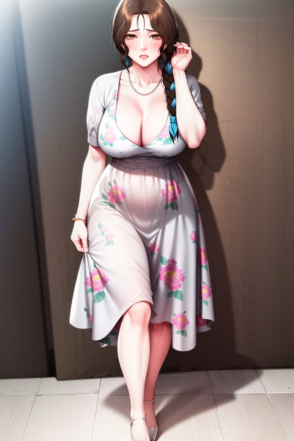 best quality,masterpiece,ultra detailed,ultra-detailed,intricate detail,extremely detailed,delicate pattern,masterpiece,looking at viewer,<lora:coo_寄宿日记_美静:0.75>,1girl,solo,breasts,brown hair,cleavage,braid,mature female,blush,brown eyes,large breasts,long hair,hair over shoulder,tight,single braid,collarbone,necklace,braid,floral print,jewelry,white footwear,high heels,short sleeves,mature female,print dress,white dress,collarbone,standing,