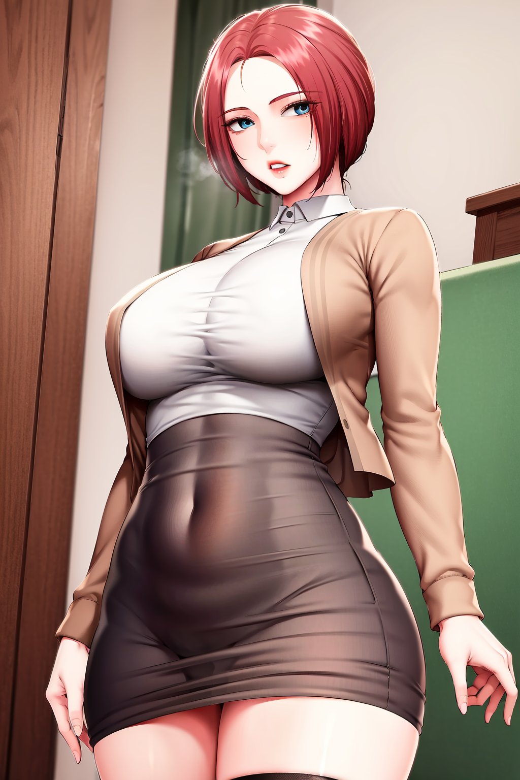 best quality,masterpiece,ultra detailed,ultra-detailed,intricate detail,extremely detailed,delicate pattern,masterpiece,looking at viewer,<lora:coo_寄宿日记_慧珍:0.75>,1girl,solo,red hair,blue eyes,large breasts,huge breasts,mature female,short hair,parted bangs,open clothes,dress,long sleeves,open jacket,thighs,shirt,crop top,white shirt,brown jacket