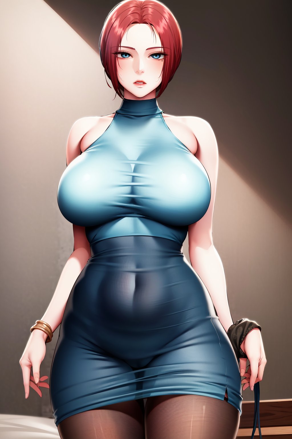 best quality,masterpiece,ultra detailed,ultra-detailed,intricate detail,extremely detailed,delicate pattern,masterpiece,looking at viewer,<lora:coo_寄宿日记_慧珍:0.75>,1girl,solo,red hair,blue eyes,large breasts,huge breasts,mature female,short hair,sleeveless,bare shoulders,garter straps,shirt,sleeveless turtleneck,skirt,pantyhose,