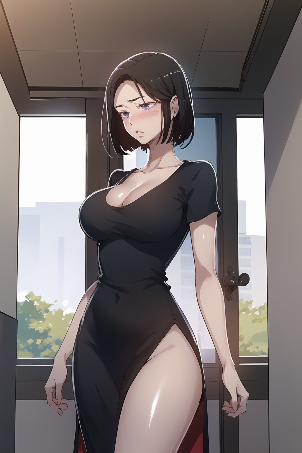 <lora:SooAh_V2:1> sooahdef, 1girl, breasts, solo, cleavage, blush, large breasts, mature female, window, indoors, collarbone, short hair, short sleeves, looking to the side, standing, closed mouth, looking away, shiny, lips, shiny skin, dress, hair behind ear, black dress