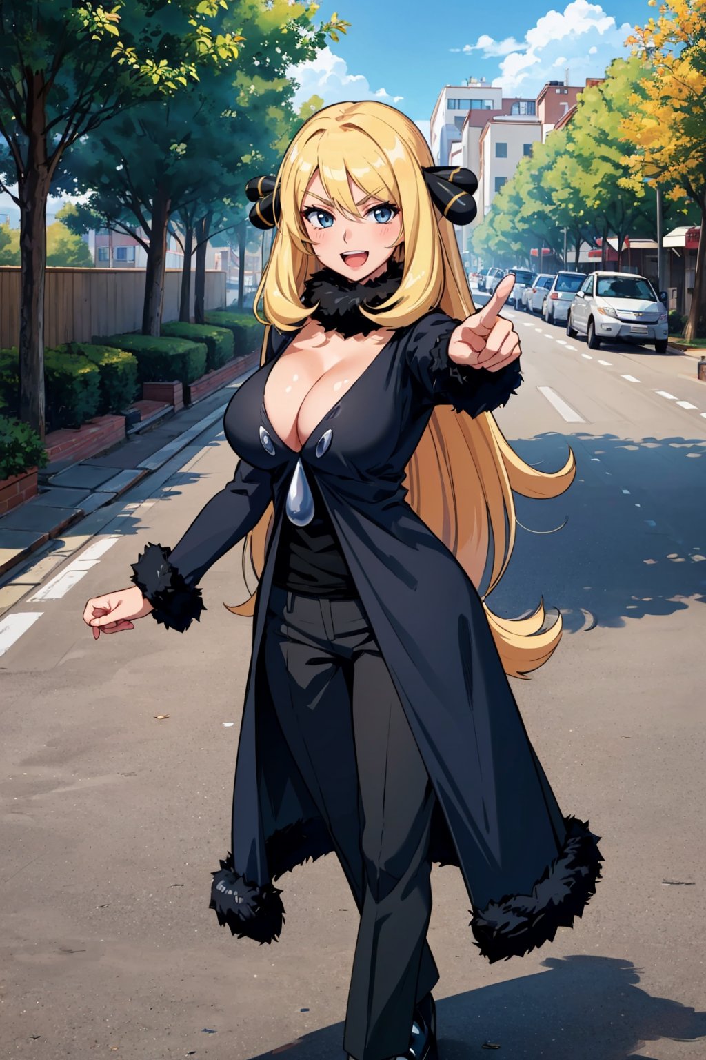 masterpiece, best quality, <lora:pkmncynthia-nvwls-v1:0.9> defCynthia, hair ornament, fur collar, cleavage, black gown, long sleeves, black pants, smile, furrowed brow, cityscape, pointing, looking at viewer, large breasts, :D, furrowed brow, blue sky, clouds, trees, wide shot, black shoes