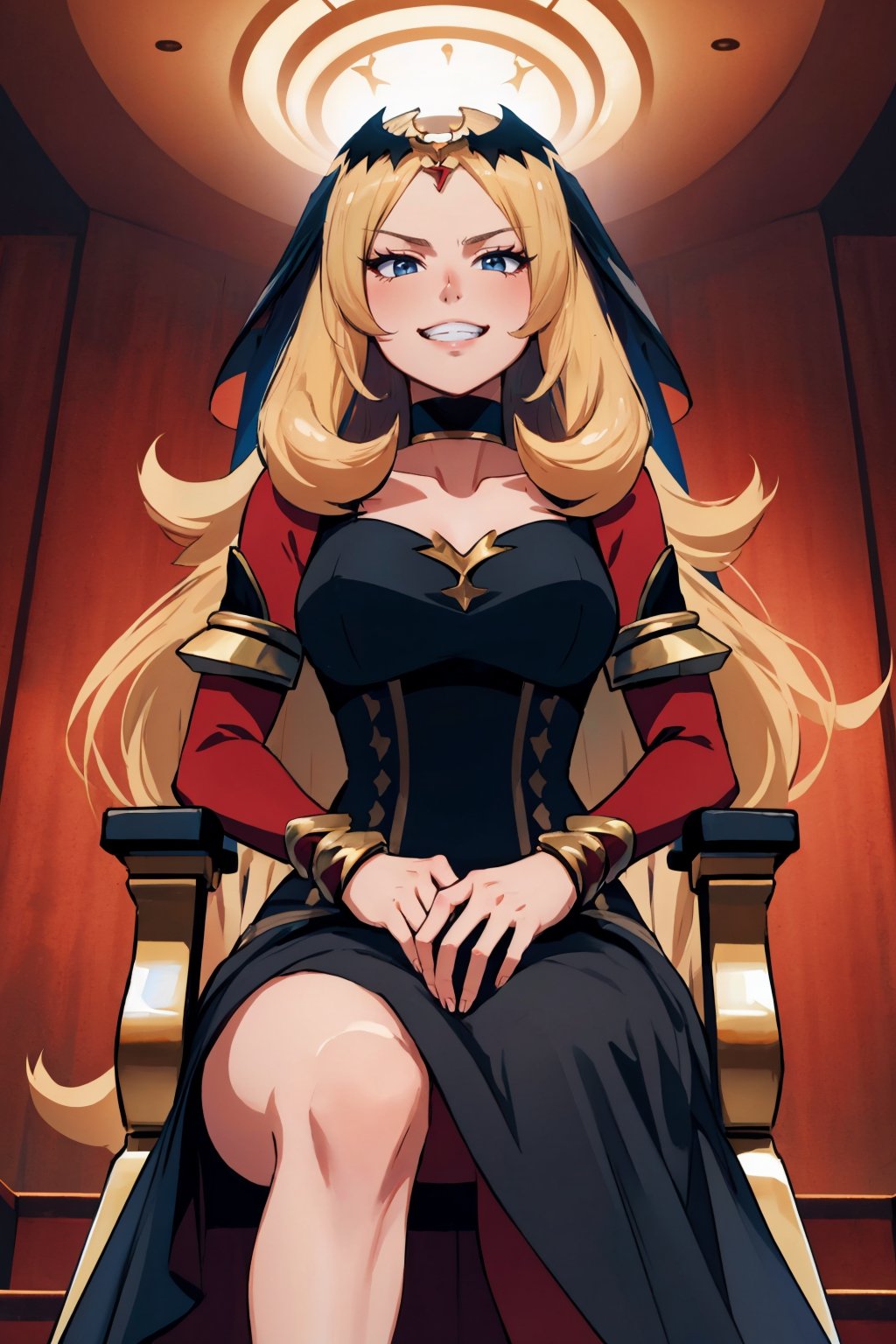 masterpiece, best quality, <lora:pkmncynthia-nvwls-v1:0.9> renCynthia, tiara, veil, choker, black dress, red sleeves, pantyhose, serious, looking at viewer, furrowed brow, grin, sitting, chair, stairs, throne, from below