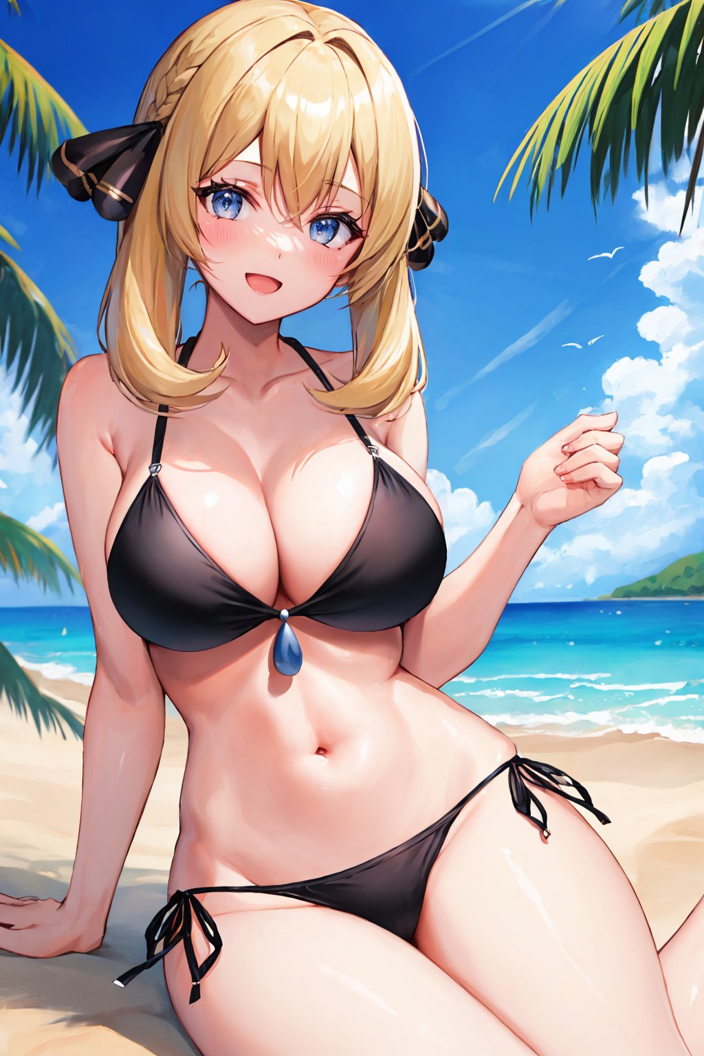 masterpiece, best quality, <lora:pkmncynthia-nvwls-v1:0.8> defCynthia, hair ornament, black bikini, frills, side-tie bikini, looking at viewer, large breasts, beach, :D