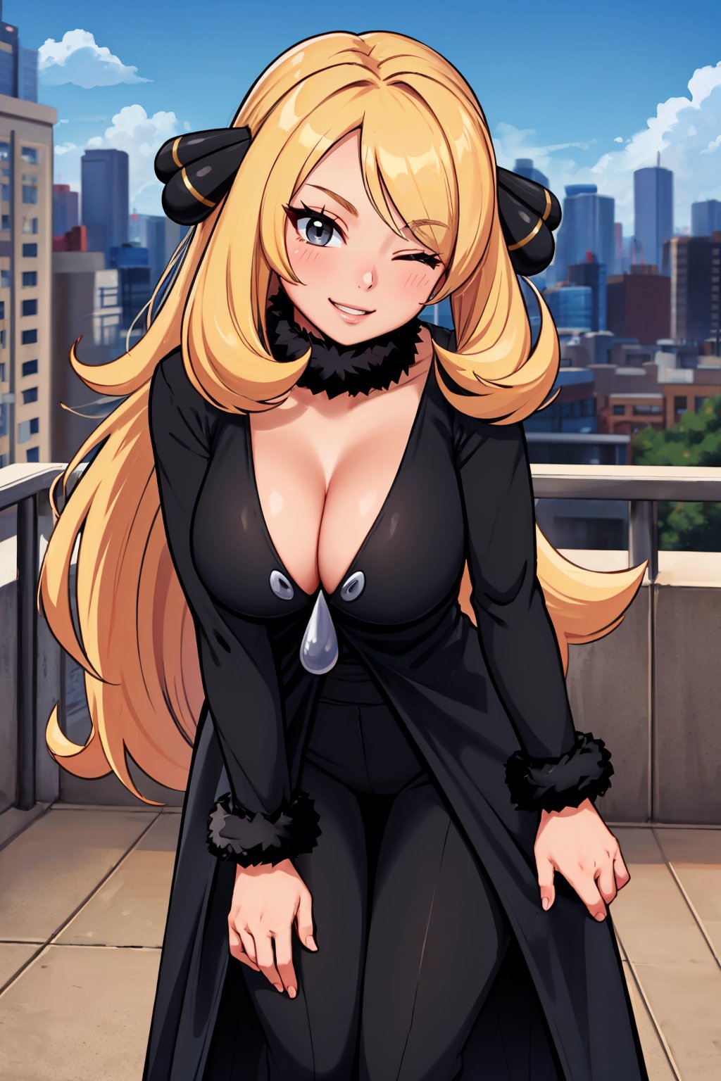 masterpiece, best quality, <lora:pkmncynthia-nvwls-v1:0.9> defCynthia, hair ornament, fur collar, cleavage, black gown, long sleeves, black pants, smile, leaning forward, wink, one eye closed, one eye open, cityscape