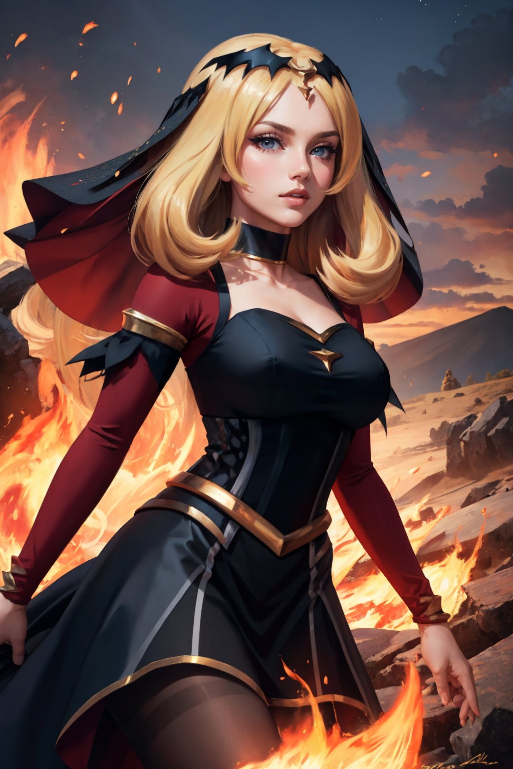 masterpiece, best quality, <lora:pkmncynthia-nvwls-v1:0.9> renCynthia, tiara, veil, choker, black dress, red sleeves, pantyhose, serious, looking at viewer, flames, volcano, red sky