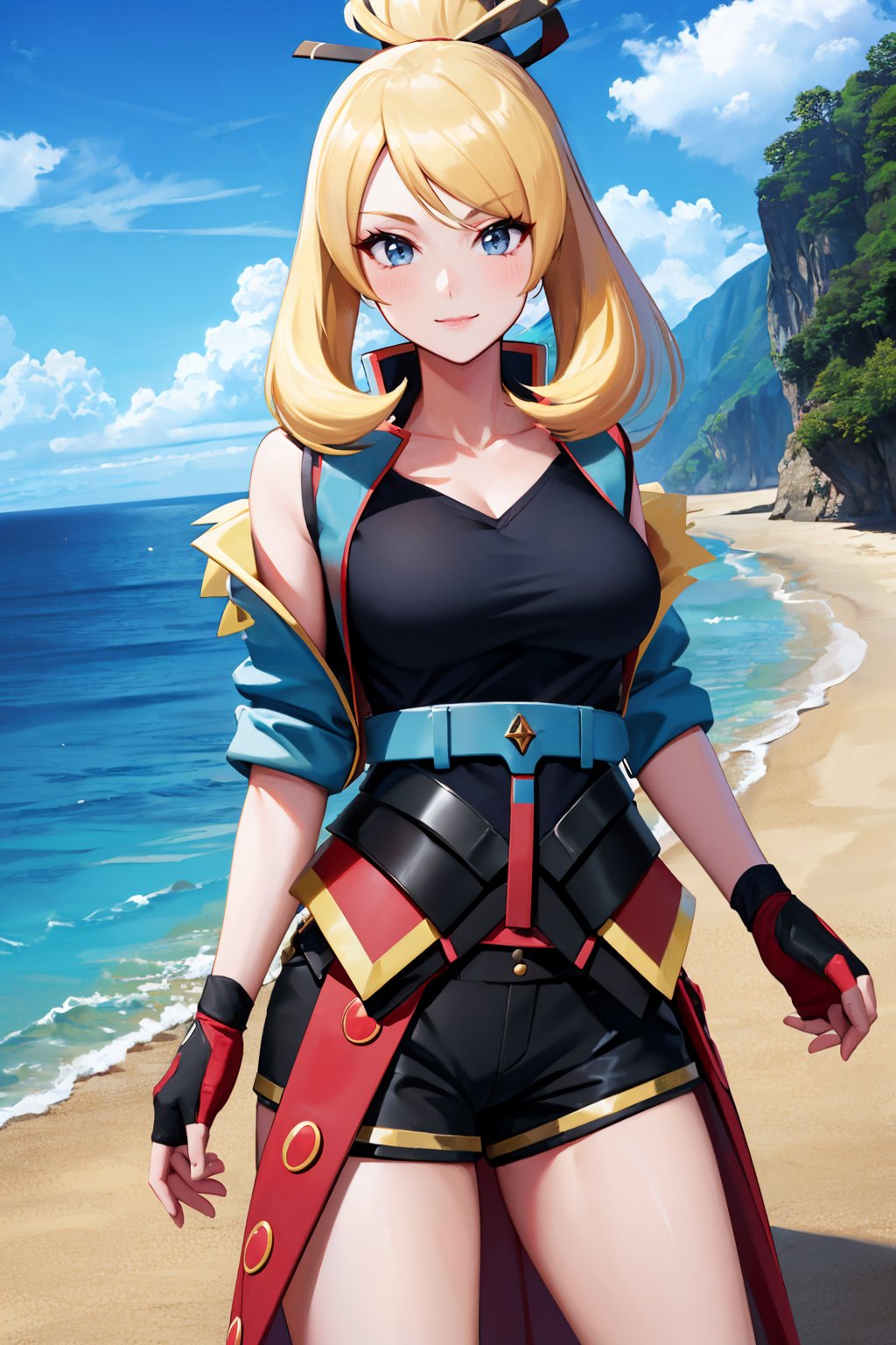 masterpiece, best quality, <lora:pkmncynthia-nvwls-v1:0.9> aurCynthia, ponytail, blue jacket, black shirt, belt, black shorts, fingerless gloves, red gloves, blue overskirt, ocean, cliffs, blue sky, looking at viewer, smile