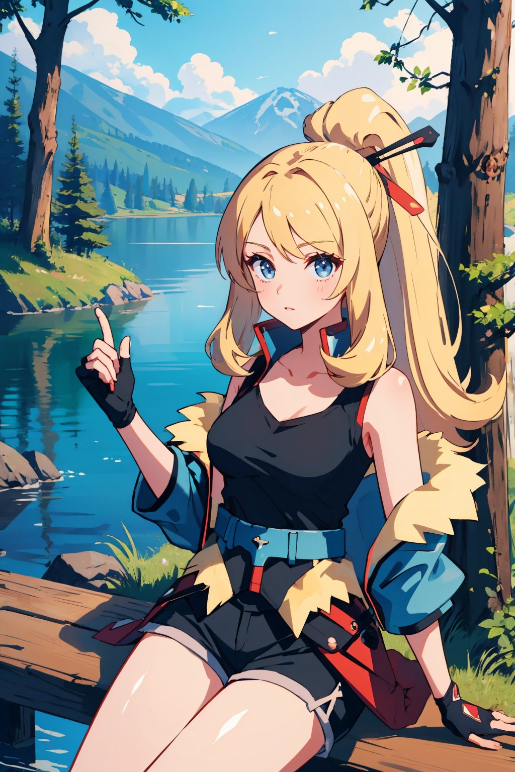 masterpiece, best quality, <lora:pkmncynthia-nvwls-v1:0.9> aurCynthia, ponytail, blue jacket, black shirt, belt, black shorts, fingerless gloves, red gloves, blue overskirt, sitting, lake, forest, looking at viewer