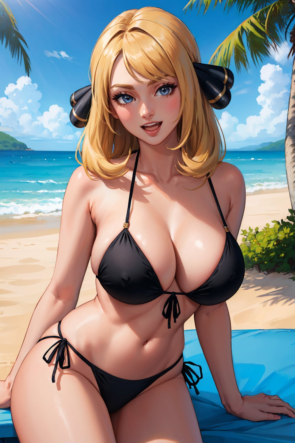 masterpiece, best quality, <lora:pkmncynthia-nvwls-v1:0.8> defCynthia, hair ornament, black bikini, frills, side-tie bikini, looking at viewer, large breasts, beach, :D