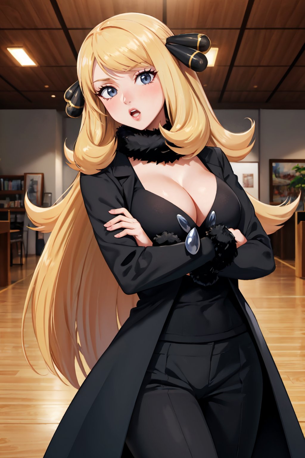 masterpiece, best quality, <lora:pkmncynthia-nvwls-v1:0.9> defCynthia, hair ornament, fur collar, cleavage, black gown, long sleeves, black pants, crossed arms, head tilt, looking at viewer, :o, indoors