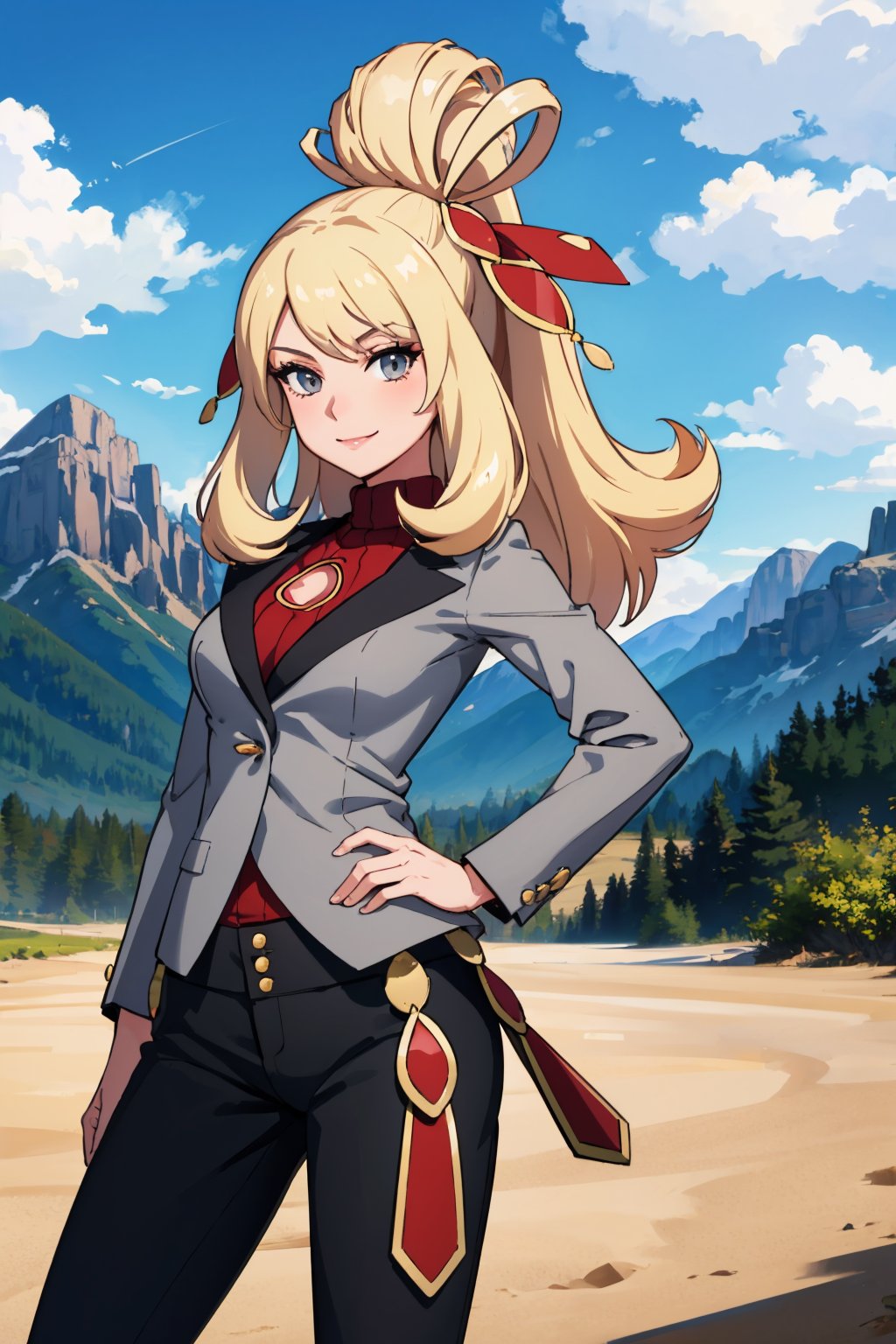 masterpiece, best quality, <lora:pkmncynthia-nvwls-v1:0.9> sygCynthia, hair bun, hairband, grey jacket, red sweater, clothing cutout, black pants, cowboy shot, looking at viewer, smile, sky, mountains, clouds