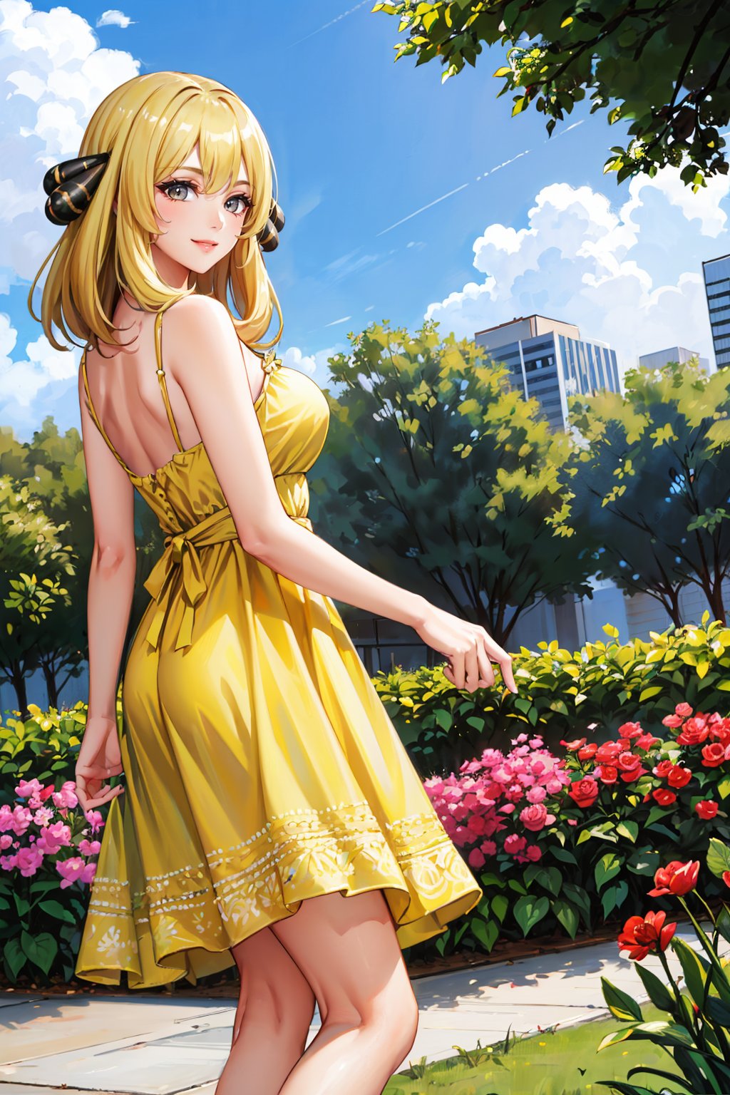 masterpiece, best quality, <lora:pkmncynthia-nvwls-v1:0.9> defCynthia, hair ornament, from behind, yellow sundress, large breasts, smile, mature female, garden, city skyline, blue sky <lora:edgChamYellowSundress:1> edgYSD,woman wearing a yellow sundress