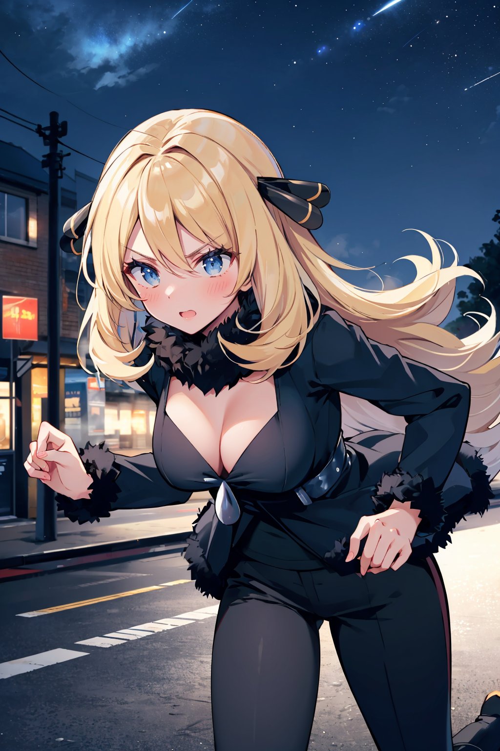 masterpiece, best quality, <lora:pkmncynthia-nvwls-v1:0.9> defCynthia, hair ornament, fur collar, cleavage, black gown, long sleeves, black pants, running, furrowed brow, street, night sky