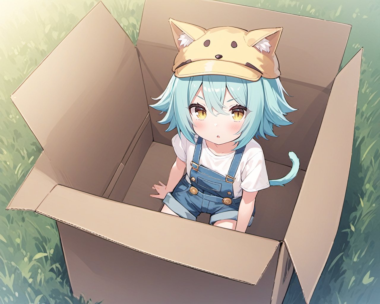 <lora:SDXL-Nekopara-Base-Lora-000002:0.75>,nekopara, Cacao_\(nekopara\), Nekopara_Cacao, 1girl, hat, tail, solo, box, cardboard_box, animal_ears, cat_tail, yellow_eyes, overalls, in_box, cat_ears, animal_hat, cat_hat, shirt, looking_at_viewer, short_hair, blue_hair, in_container, white_shirt, shorts, blush, overall_shorts, outdoors, aqua_hair, suspenders