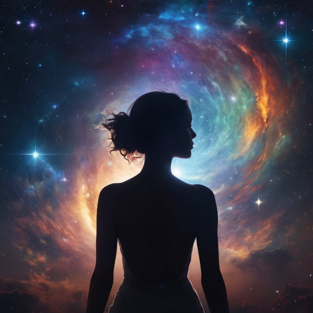 Generate hyper realistic image of a woman's silhouette against a backdrop of celestial phenomena—shooting stars, nebulae, and planets. The scene portrays her in a celestial stance, radiating a powerful and cosmic energy.