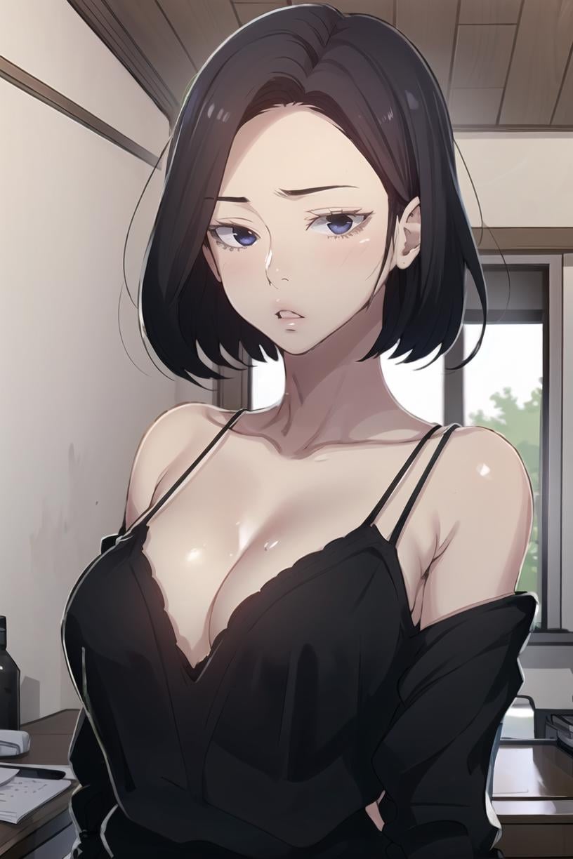 <lora:SooAh:0.9> sooahdef, black hair, blue eyes, short hairbreasts, white hood, hood, solo, upper body, indoors, 1girl, underwear, collarbone, off shoulder, cleavage, bra, parted lips, hoodie, large breasts, looking at viewer, black bramasterpiece, best quality   