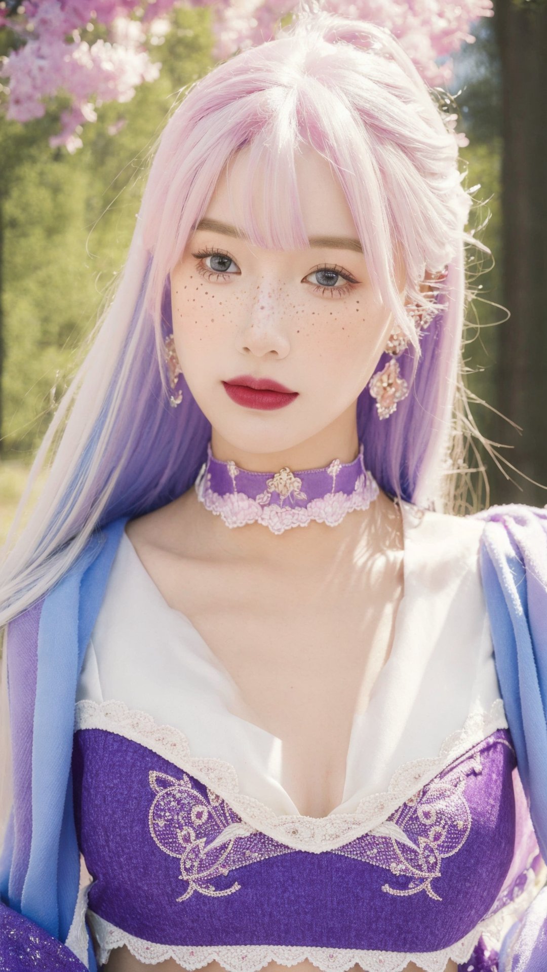 (best quality,8K,highres,masterpiece), ultra-detailed, (fantasy creature, super colorful), featuring a mesmerizing being with heart-shaped pupils, ethereal white hair, and enchanting purple eyes. Their cheeks are adorned with a gentle blush (blush:1.1), and they wear a captivating choker around their elegant neck. The upper body of this fantastical creature is adorned with a shimmering crop top that radiates love and happiness. A cheerful smile graces their face as they emanate an aura of joy and enchantment. Their lace attire and surroundings are a dazzling tapestry of vibrant colors and bokeh, creating a dreamlike atmosphere. Freckles (freckles:0.8) adorn their natural skin texture, adding a touch of uniqueness to their portrait. The scene is an explosion of fantastical hues, making this creature a living embodiment of a vivid and magical world.