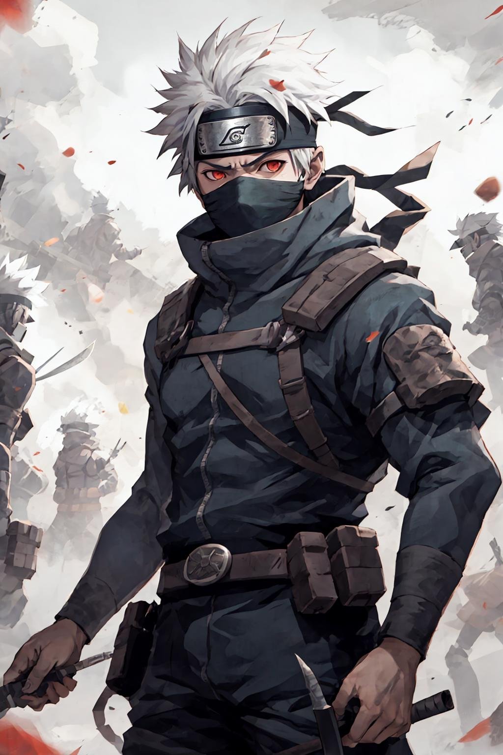 kakashi, male focus, ninja, red eyes, weapon, gloves, holding, multiple boys, solo focus, looking at viewer, pouch, 1boy, holding weapon, kunai, long sleeves