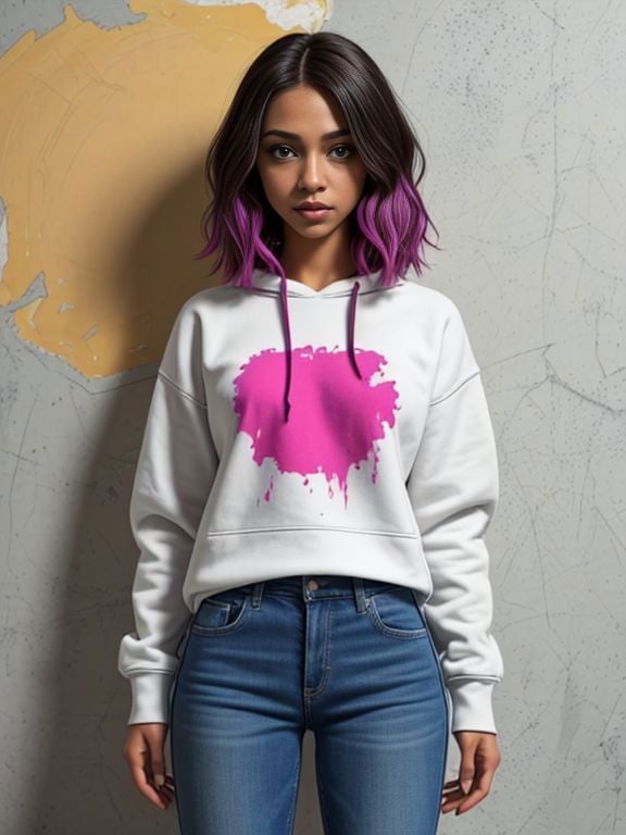 graffiti Artist, Maria_Valez, Sweatshirt, jeans, colorful paint splotches, spray painted wall,