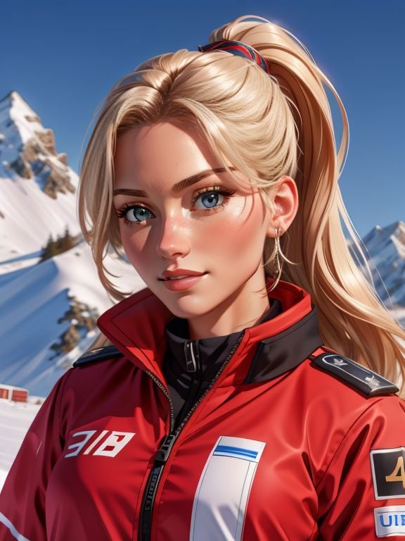 4k, UHD, ultrarealistic photo, marie dashkova style modelshoot, portrait of ski patrol Jenny_McSloot,  Herculean   body, (flat chest:0.8) 