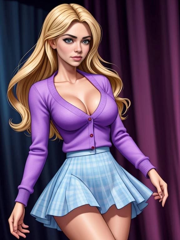 Denise_Drake, gingham dress, cardigan, and ballet flats, fantasy setting,  