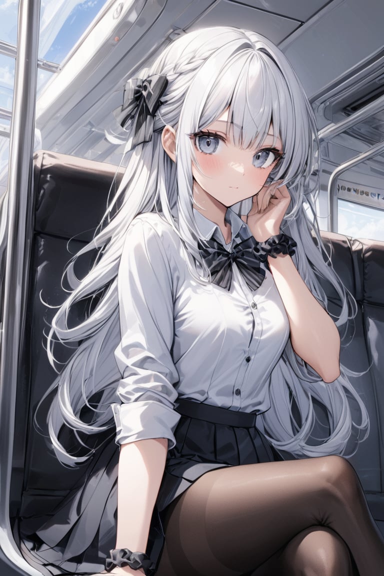 Extreme detailed, (masterful), 1girl, solo, long hair, skirt, shirt, long sleeves, bow, sitting, closed mouth, school uniform, white shirt, pantyhose, thighs, pleated skirt, striped, collared shirt, bowtie, black skirt, legs, black pantyhose, white hair, scrunchie, crossed legs, bow, sleeves rolled up, thighband pantyhose, black striped bow, wrist scrunchie, black striped bowtie, train interior, black scrunchie, claraval, (2D)