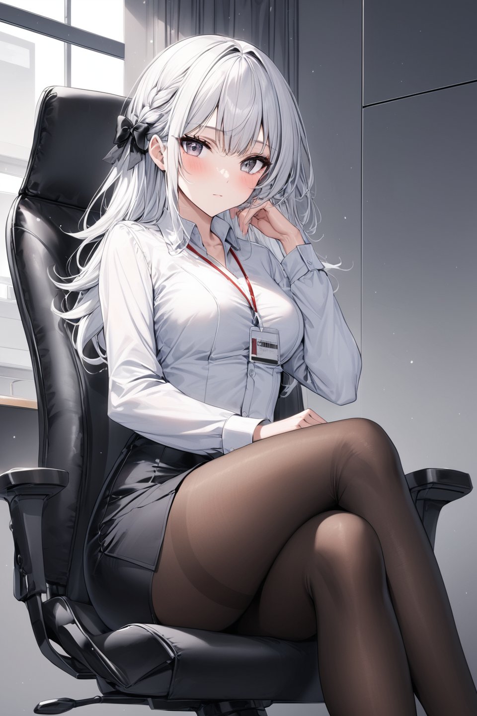 Extreme detailed, (masterful), 1girl, solo, breasts, looking at viewer, blush, skirt, shirt, long sleeves, sitting, closed mouth, white shirt, pantyhose, thighs, collared shirt, miniskirt, black skirt, black footwear, high heels, legs, black pantyhose, dress shirt, chair, crossed legs, pencil skirt, office lady, id card, lanyard, office chair, (bow), white hair, claraval