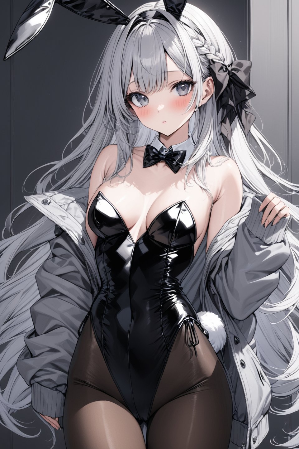 1girl, solo, long hair, looking at viewer, blush, bangs, bow, animal ears, very long hair, closed mouth, standing, tail, braid, hairband, parted lips, bowtie, rabbit ears, black bow, detached collar, fake animal ears, playboy bunny, black hairband, rabbit tail, black bowtie, fake tail, pantyhose, black pantyhose, long sleeves, jacket, off shoulder, open jacket, sleeves past wrists, strapless, grey jacket, claraval,  extreme detailed, (masterpiece)