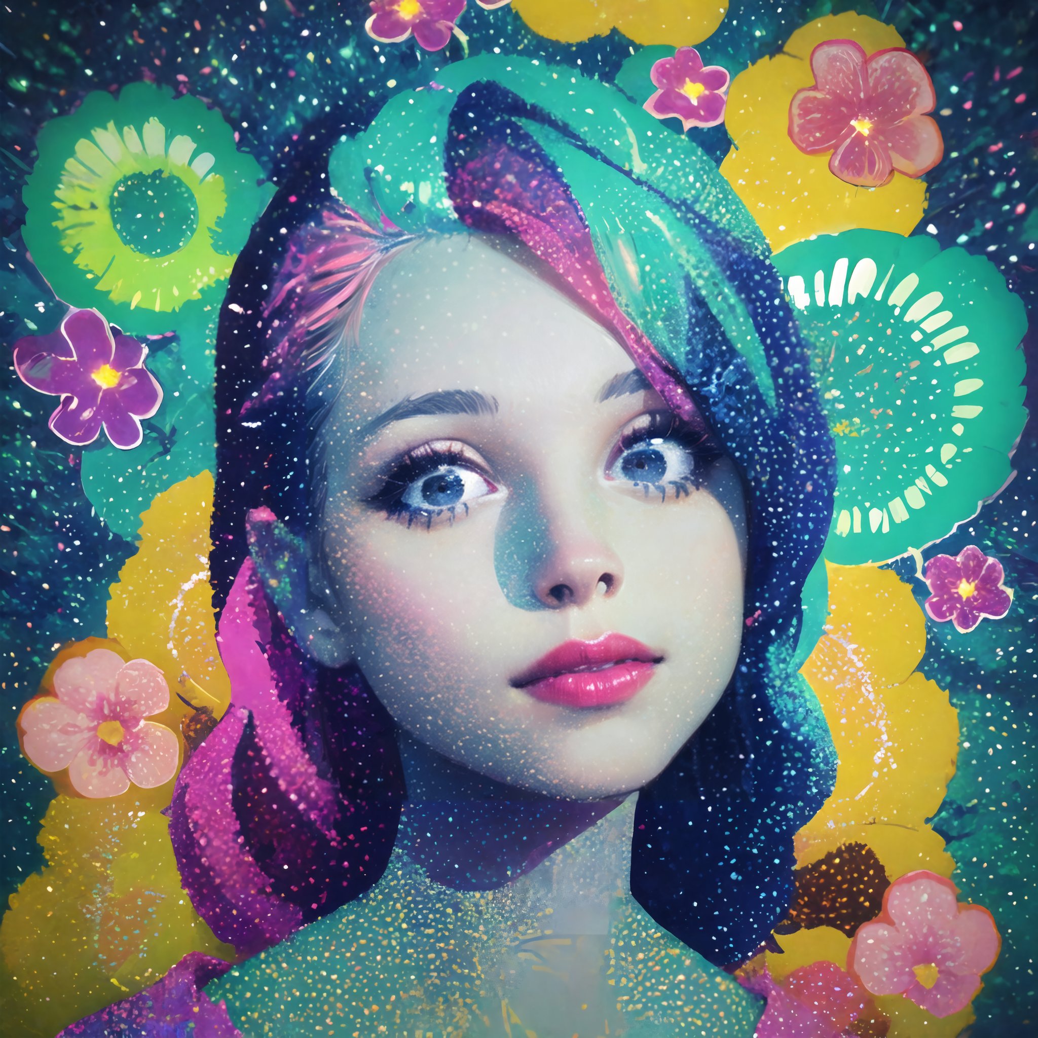  pointillism style,portrait, 1 girl, solo, short wavy hair, flowing neon, colored holographic floral background,