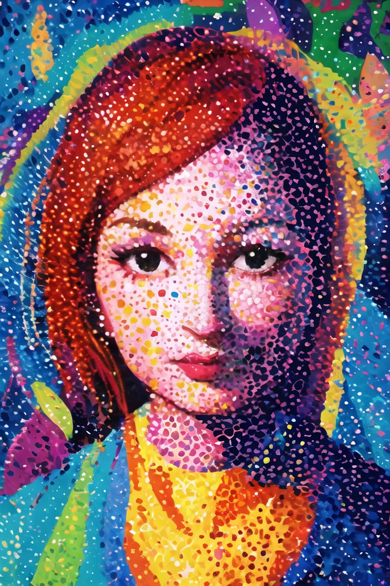 1gril, red hair, solo, portait, pointillism style, abstract, colorful