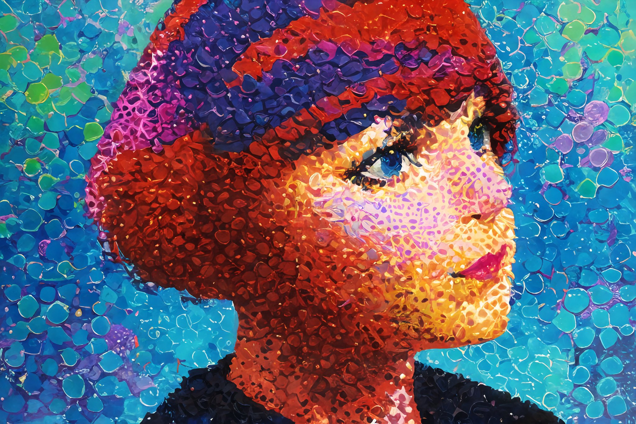 1gril, red hair, solo, portait, pointillism style, abstract, colorful