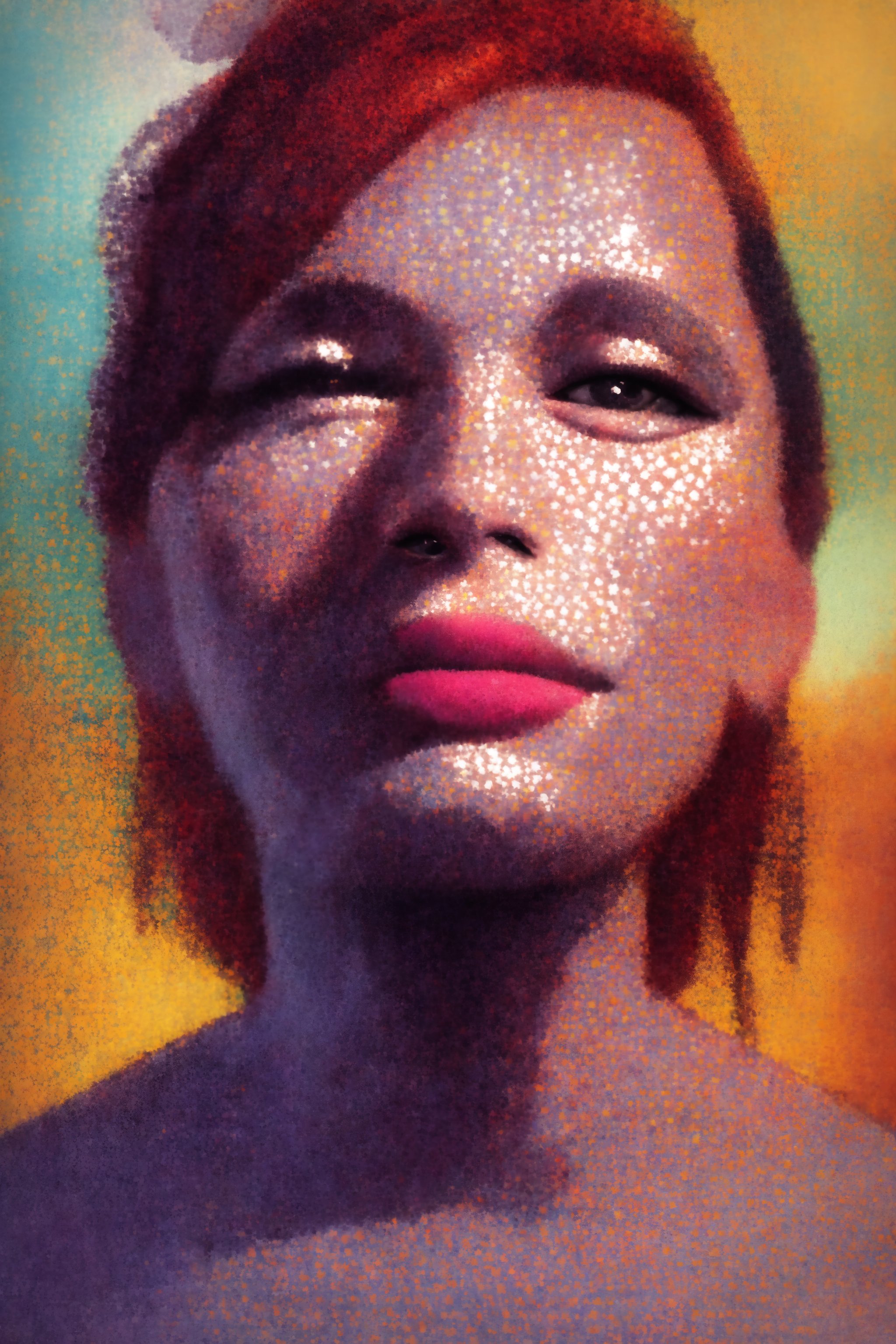 1gril, red hair, solo, portait, face, pointillism style, abstract, colorful