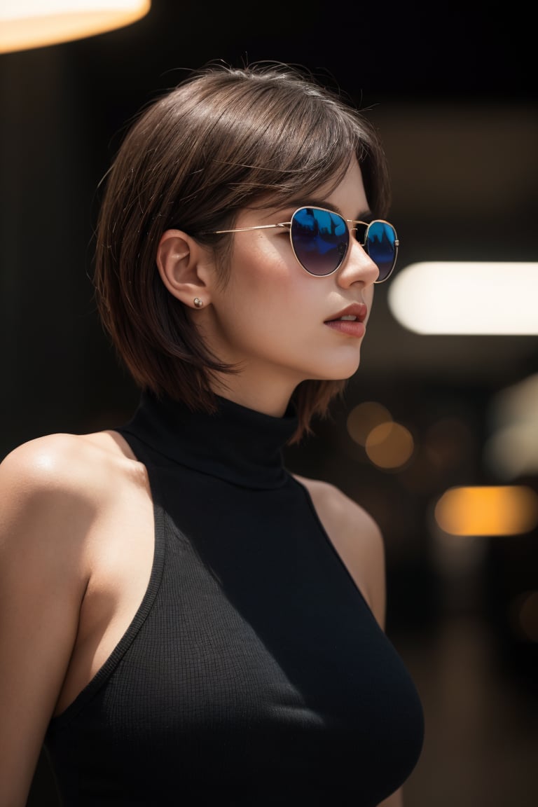 (front profile half body Photography,black wall,punk 80's British model woman:1.1,50's haircut:1.1,white turtleneck dress,large sunglasses:1.1,80 degree view) (best quality,4k,8k,highres,masterpiece:1.2),ultra-detailed,(realistic,photorealistic,photo-realistic:1.37),HDR,UHD,studio lighting,ultra-fine painting,sharp focus,physically-based rendering,extreme detail description,professional,vivid colors,bokeh, portrait,80's style,retro,vibrant colors,contrasting shadows,soft lighting