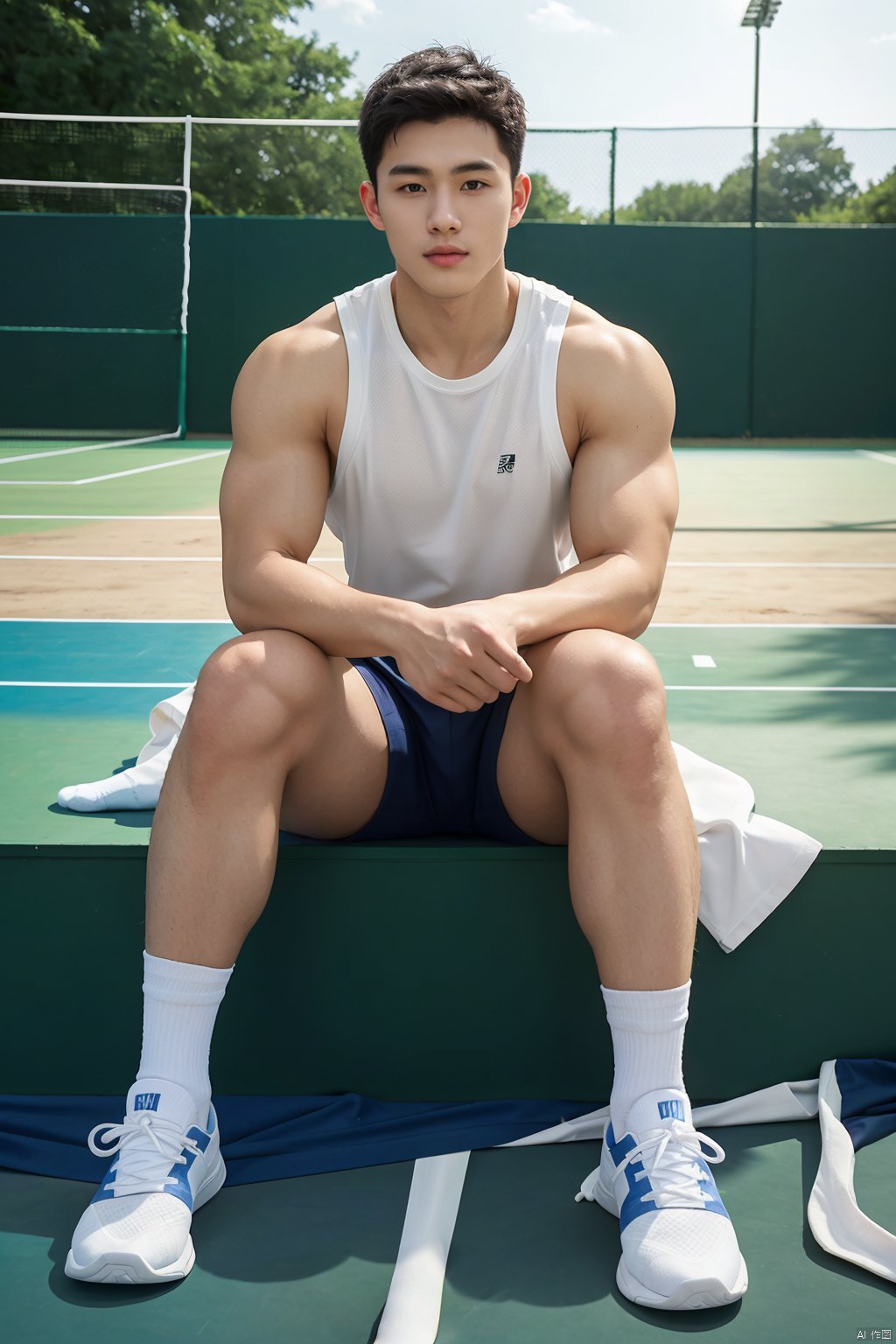  masterpiece, 1 boy, Look at me, Handsome, Muscular development, Sports vest, Shorts, White socks, White shoes, Outdoor, Tennis Court, There is plenty of sunshine, textured skin, super detail, best quality,