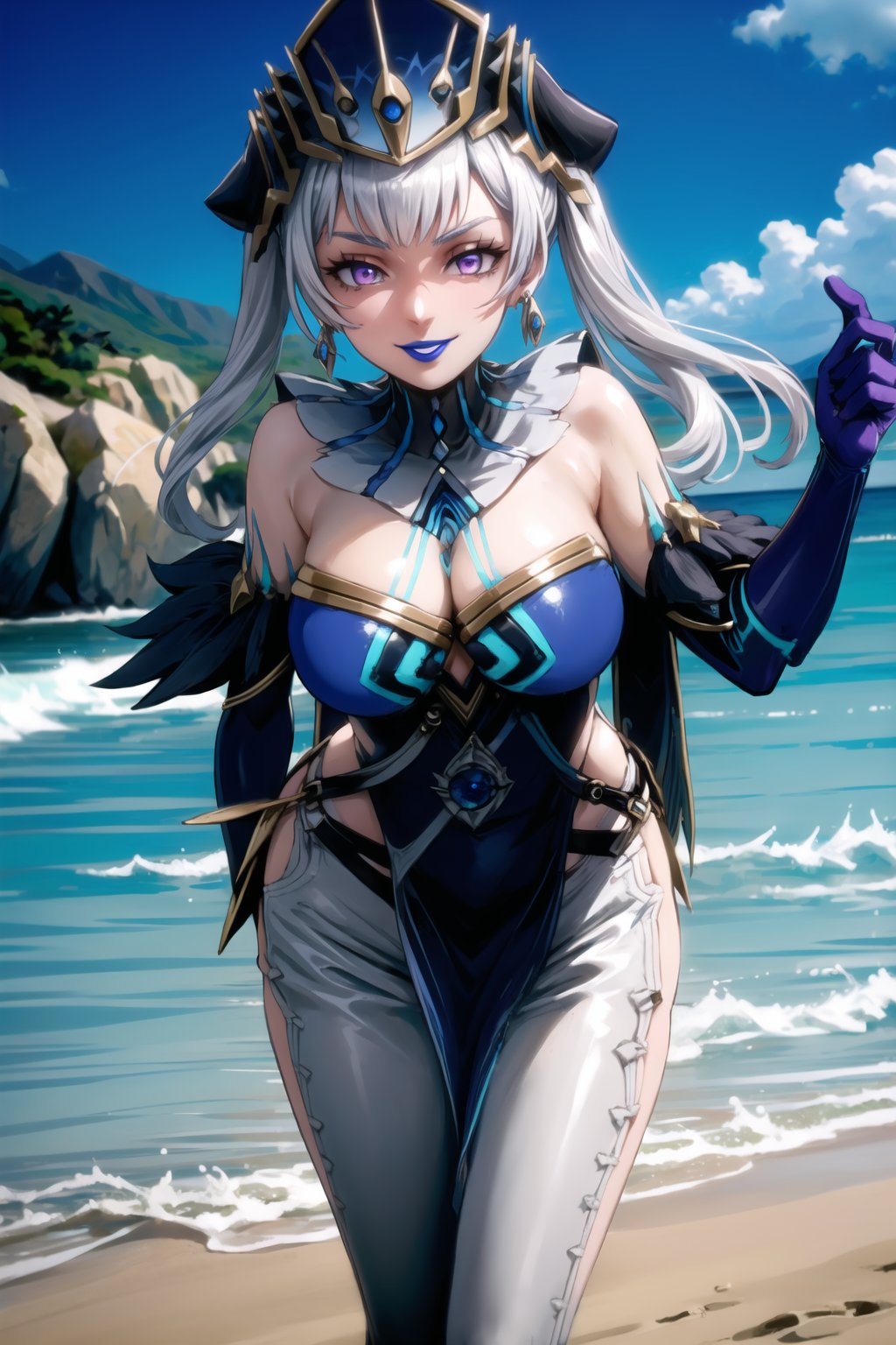 ((best quality)),  ((highly detailed)), ((noelle_silva, silver hair,purple eyes, twintails, bangs, earrings, jewelry)) , masterpiece, 1girl,  evil smile:1.2, smug, seductive smile, solo, ,lips ,standing,  MirrorMaiden, dress, cleavage,  lipstick, ((blue lips:1.2)), blue headwear, hat, fur trim, blue gloves, gloves, elbow gloves, white pants,boots,  beach, sand, water, posing, outdoors