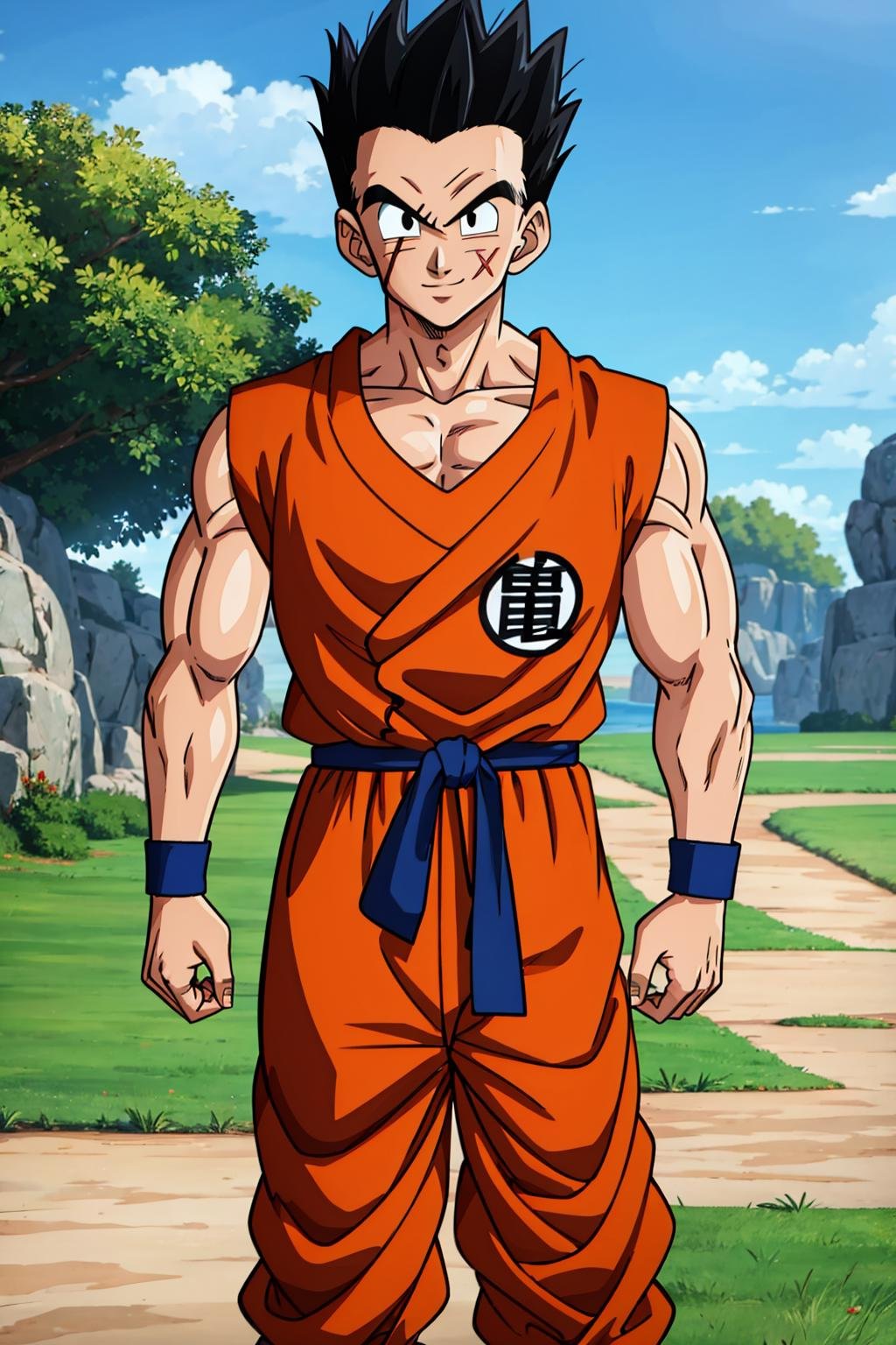 (8k, best quality, masterpiece:1.2),yamcha, male focus, 1boy, black hair, solo, scar on face, smile, muscular male, spiked hair, black eyes, short hair, forehead, orange dougi, orange pants, blue sash, outdoors, (blue wristband), looking at viewer, day, tree, blue sky, grass, rock, insignia,alternate hairstyle