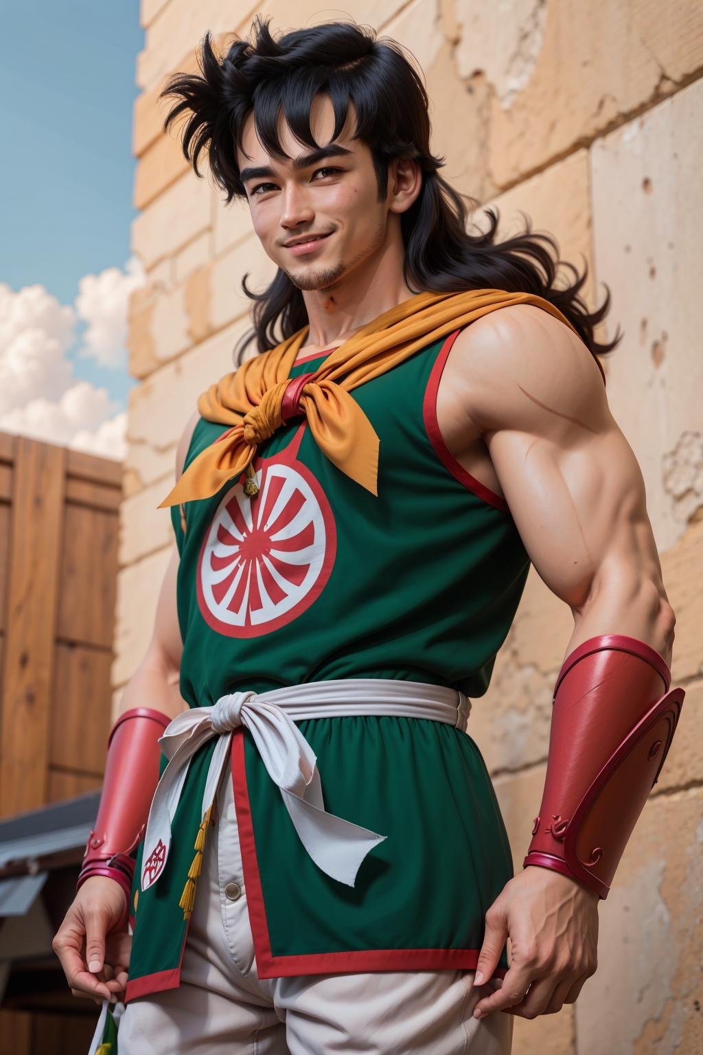 (8k, best quality, masterpiece:1.2),realistic,yamcha, male focus, 1boy, black hair, solo, smile, muscular male, spiked hair, black eyes,long hair, bangs, (green tunic), orange pants, (white sash),ribbon, outdoors, (purple armguards), orange neckerchief, looking at viewer, day, tree, blue sky, grass, rock, kanji,sidelocks,sleeveless <lora:hipoly_3dcg_v7-epoch-000012:0.5>