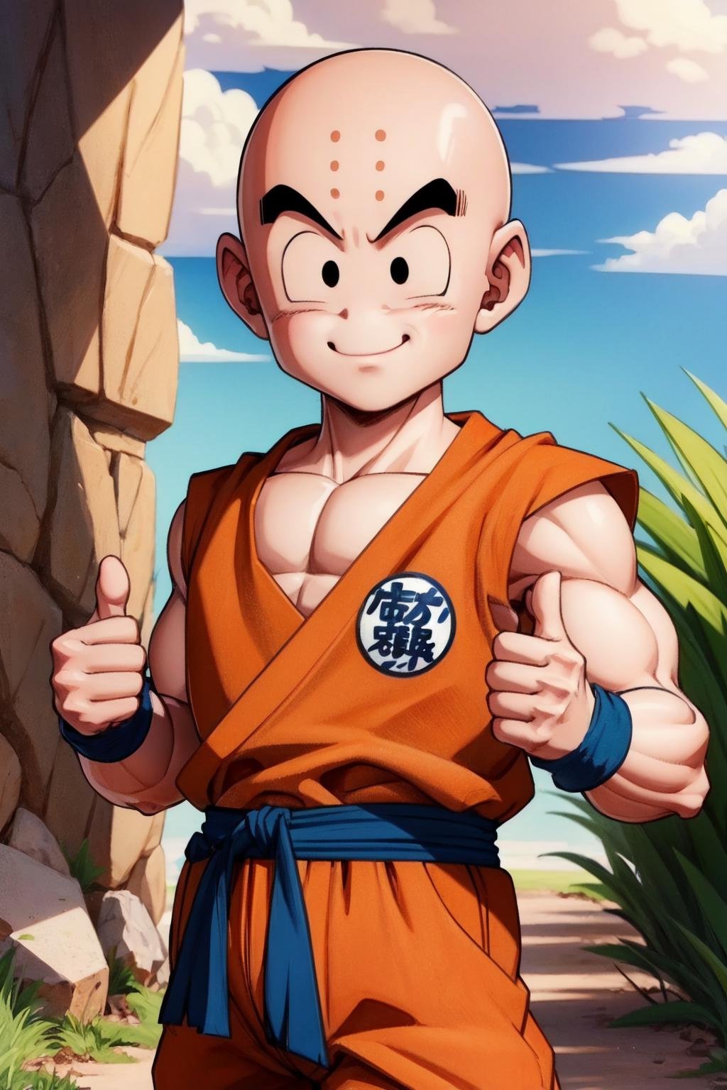 (8k, best quality, masterpiece:1.2), (finely detailed),krillin, 1boy,male focus,muscular male, solo,upper body, (bald), black eyes, orange dougi, looking at viewer,orange pants, blue sash,forehead mark, no nose,no sclera, rocky grassfields,(sleeveless), light smile,patch, blue wristbands,thumb up