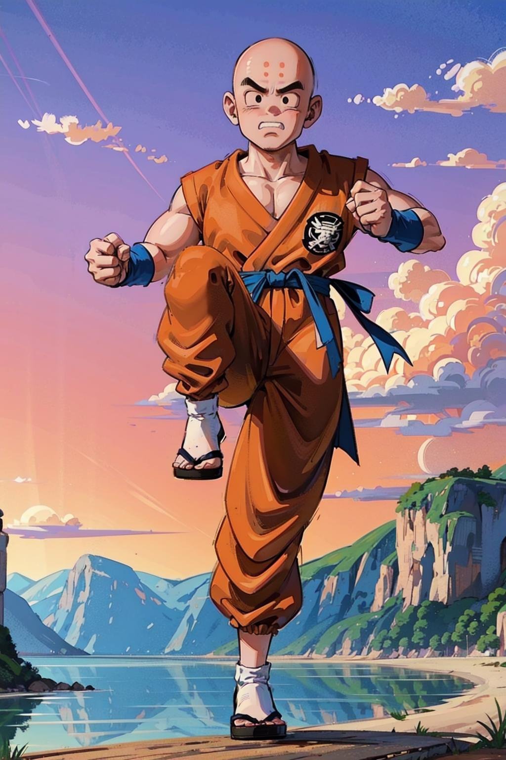 8k, masterpiece, best quality, a stunning photo with beautiful saturation by Emily Sotokuririn, 1boy, male focus, solo, bald, orange dougi, clenched teeth, black eyes, clenched hands, blue wristband, full body, orange pants, no nose, no sclera, purple background, kicking, forehead mark, frown, patch, blue sash, black flats, white socks, sleeveless,closed mouth