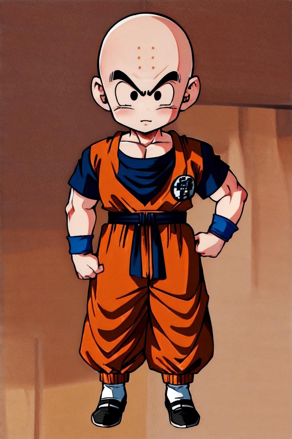 (8k, best quality, masterpiece:1.2), (finely detailed),cute, ((chibi)),kuririn,  1boy,male focus,solo,full body, orange dougi,orange pants,black eyes,black flats,blue sash, patch, blue wristbands, forehead mark, bald,,white socks,dark blue shirt