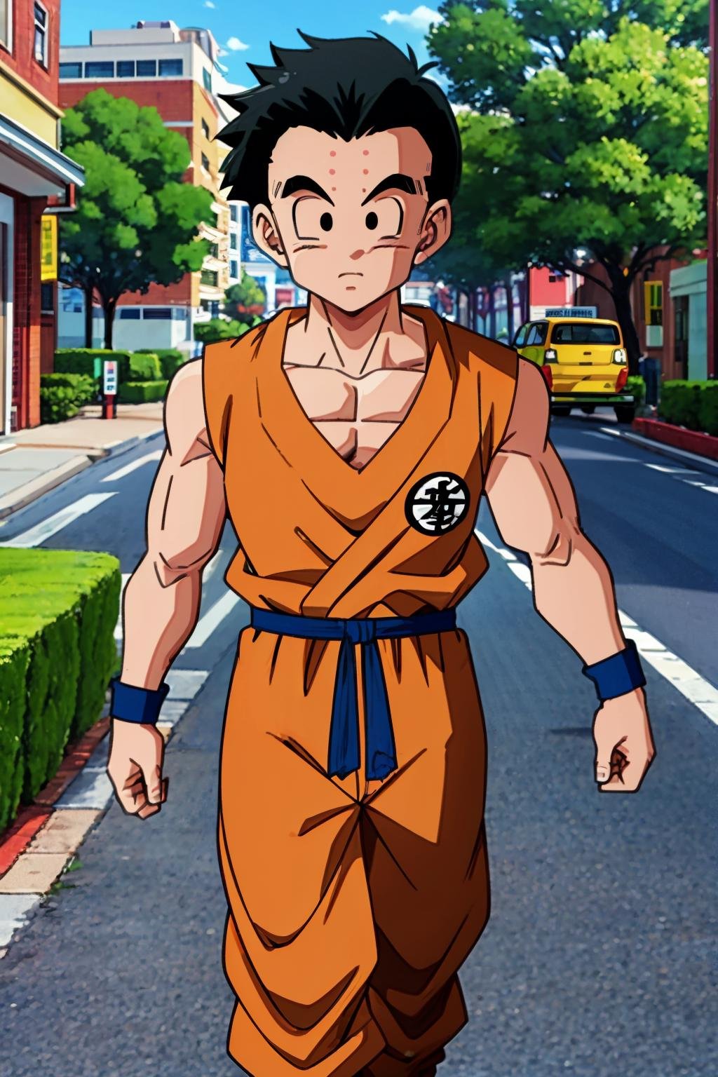 (8k, best quality, masterpiece:1.2), (finely detailed),upper body,kuririn,1boy,male focus,solo,((short hair, alternate hairstyle)), black hair, black eyes, orange dougi, orange pants,blue wristbands, blue sash, forehead mark,sleeveless, futuristic city, sidewalk, tree