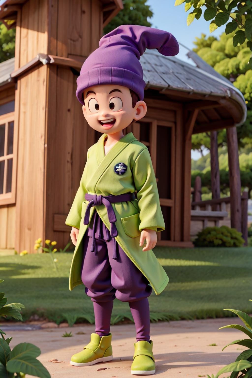 (8k, best quality, masterpiece:1.2), (finely detailed),kuririn,  1boy,solo,cowboy shot, (bald:1.3), dwarf,(lime green long wizard robes:1.5), smile,open mouth, outdoors, (hut), forest, flowers, parted lips,black eyes,(black belt:1.3), (buckle), lime-green long sleeves,((purple stocking hat:1.2)), ((oversized clothes)), brown shoes,lime-green very long sleeves,arms behind back