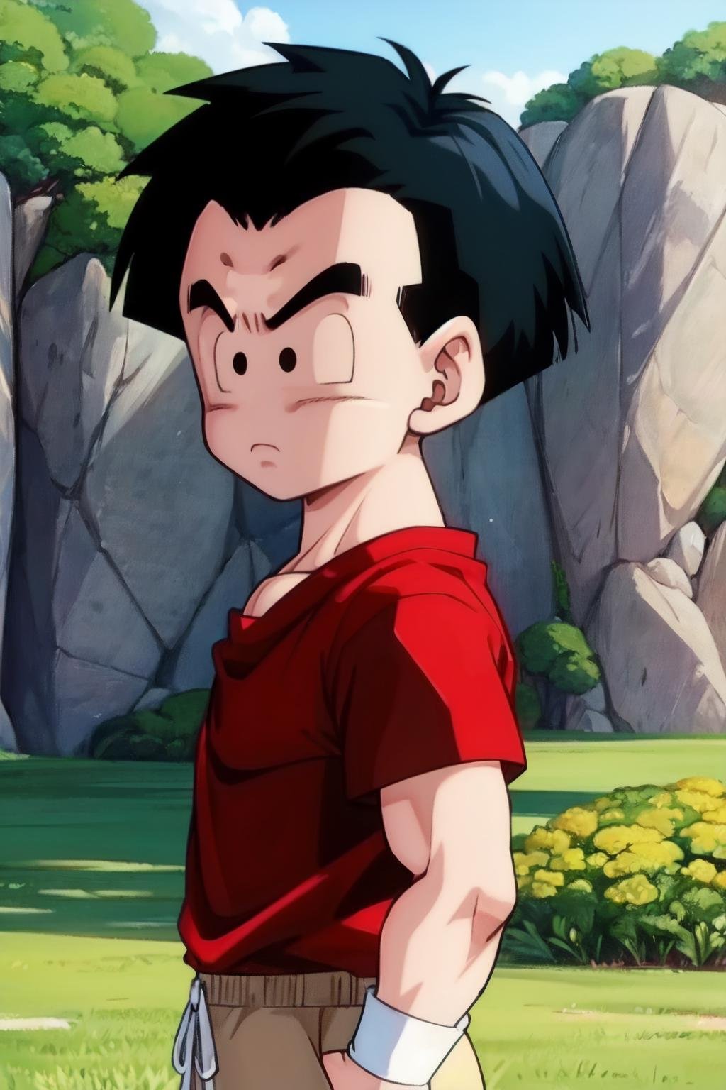 (8k, best quality, masterpiece:1.2), (finely detailed),kuririn, 1boy, black hair, male focus, solo,rocky grassfields,from side,looking at viewer, red t-shirt, white wristband, black eyes, no nose, light brown sweatpants, white ribbon, no sclera, medium hair,frown, serious