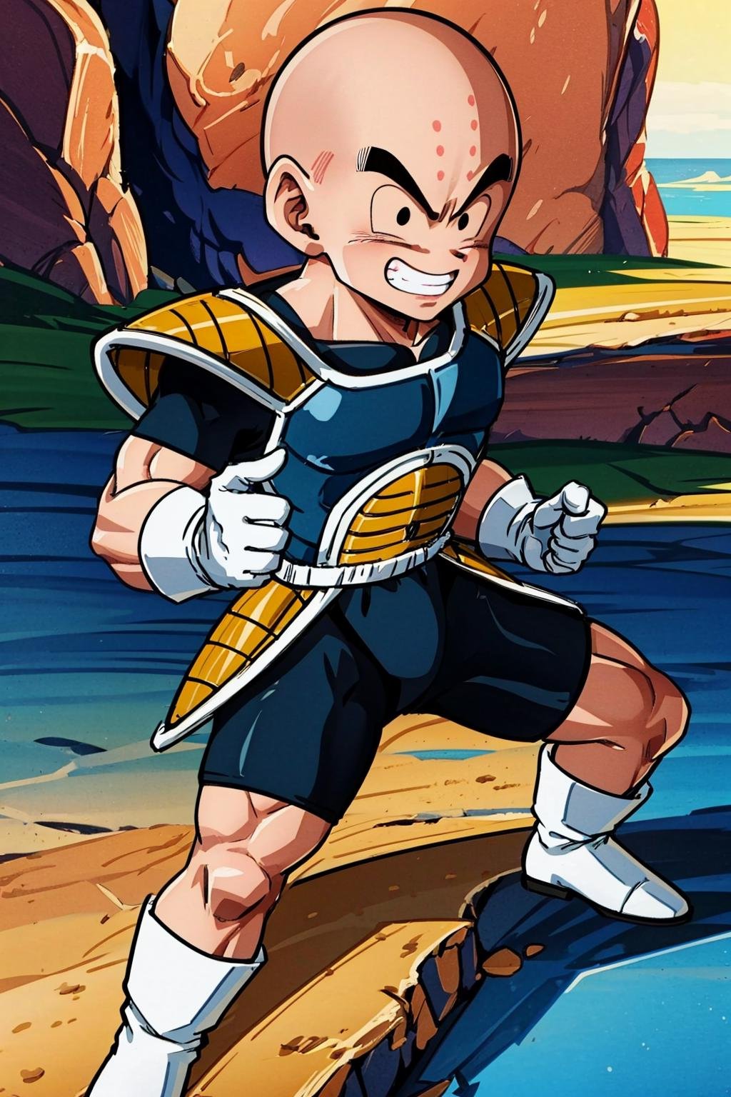 8k, masterpiece, best quality, kuririn, 1boy, black hair, male focus, solo, smile, dark blue saiyan armor, red rocks,canyon, white gloves, black eyes, fighting stance,  grin, no nose, looking at viewer, straight-on, biker shorts, no sclera, white boots,bald, forehead mark,black bodysuit,(bald:1.2),pauldrons, (faulds)