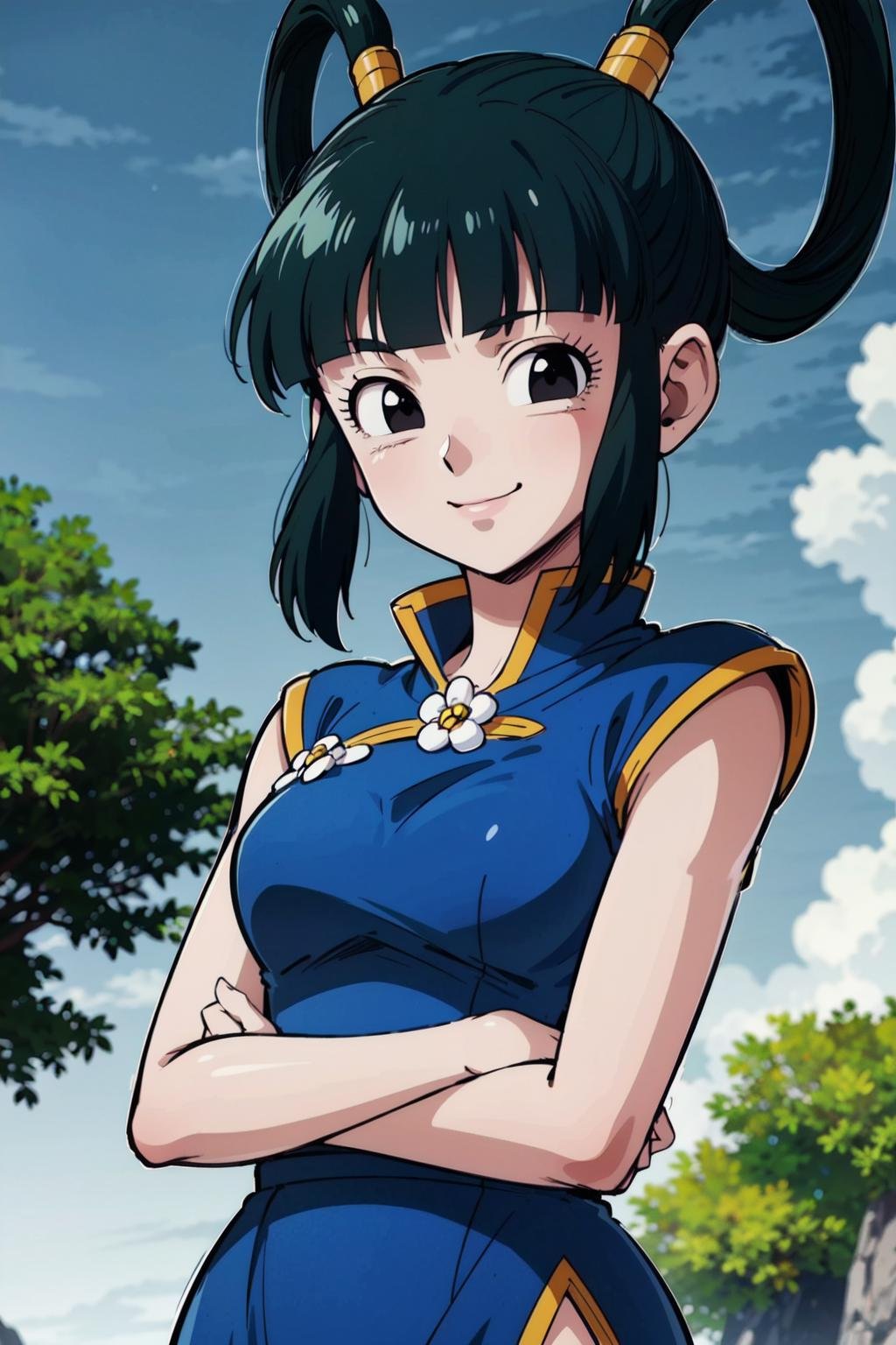 (8k, best quality, masterpiece:1.2), (finely detailed), detailed illustration,intricate,blue sky,grass,yurin, blue china dress,short dress, side slit, black eyes, dark green hair,hair rings,tree,upper body, smile, sleeveless, looking at looking at viewer,(flower brooch:0.8),yellow trim,(v arms),  solo