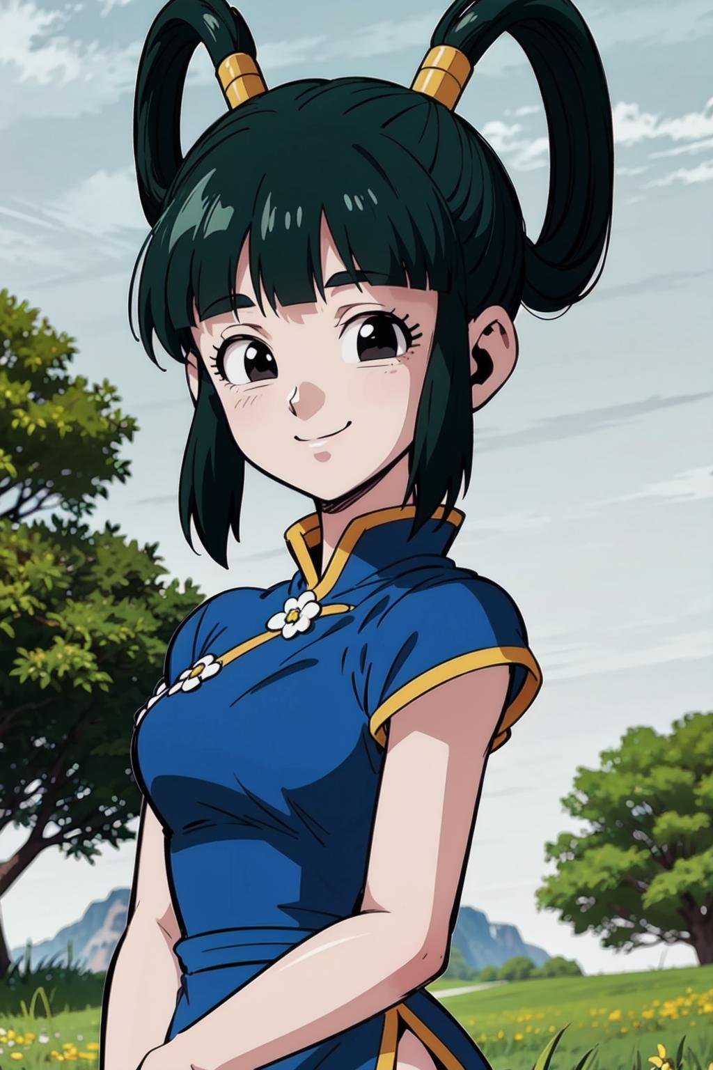 (8k, best quality, masterpiece:1.2), (finely detailed), detailed illustration,intricate,break wasteland,white ground,blue sky,grass,yurin, blue china dress,short dress, side slit, black eyes, dark green hair,hair rings,tree,upper body,smile,sleeveless,looking at looking at viewer,(flower brooch:0.7)