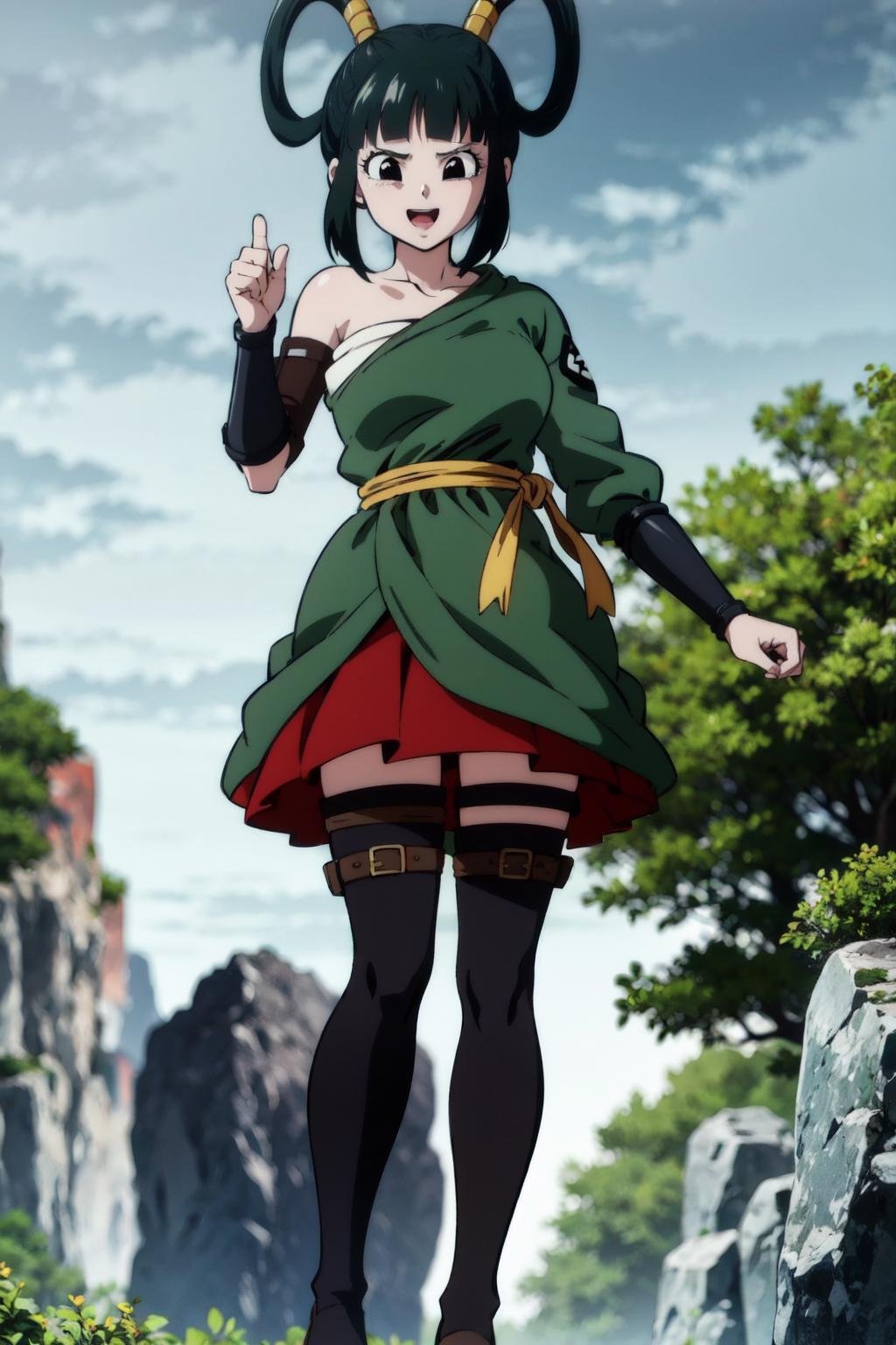 (8k, best quality, masterpiece:1.2), (finely detailed),yurin, 1girl, solo, black thighhighs, black eyes, dark green hair, open mouth, cloudy sky, mountain, tree, red skirt, smile, hair rings, sidelocks, yellow sash, clenched hand, hand up, single bare shoulder, green robe, chest sarashi, (black vambraces), kanji